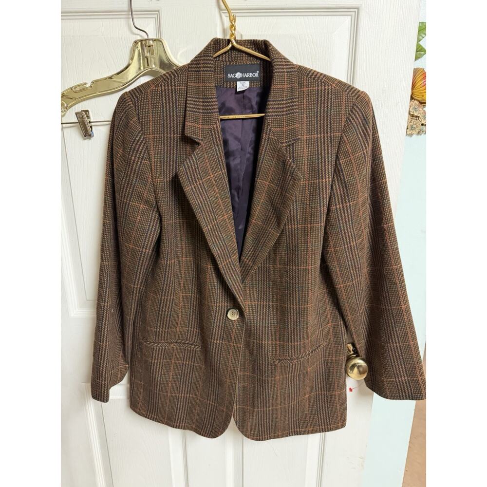 Sag Harbor Houndstooth 1 Button Blazer Wool Blend Brown Academia Med 10 38w 90s